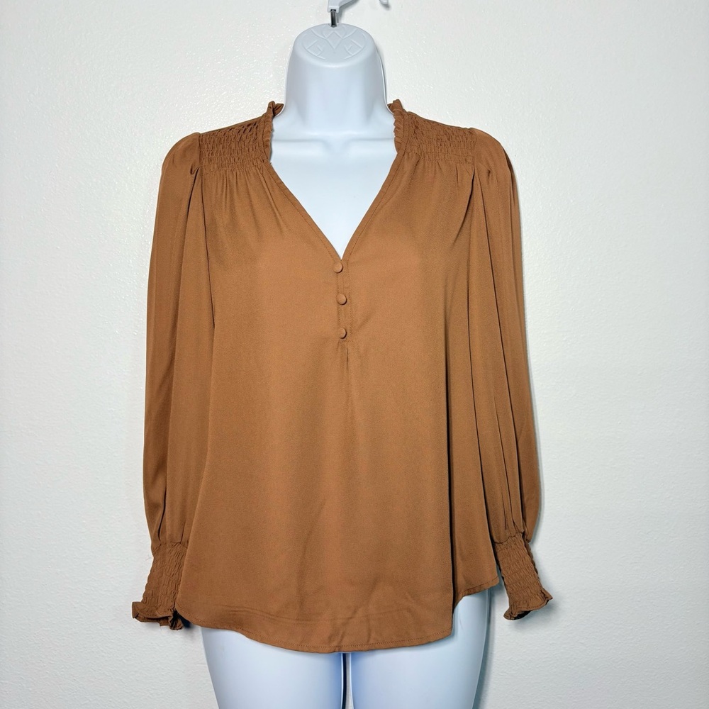 NWT T Tahari Camel Blouse with Button Detail Smocked Cuffs and Shoulders SzXS